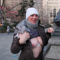 Pic #1 Wife Braving The Cold to Flash in The City - Big Tits, Flashing, Nature, Public Exhibitionist, Public Place, Wife/wives, Hard Nipples