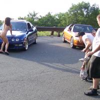 Pic #5 Posing With The Car Guys - Brunette, Public Exhibitionist, Public Place