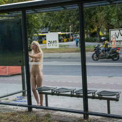 Pic #3 Naked At The Bus Stop - Blonde, Firm Ass, Public Exhibitionist, Public Place