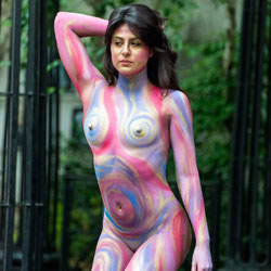 Body Painting In A NY Park - Public Place, Outdoors, Public Exhibitionist, Brunette, Shaved, Medium Tits