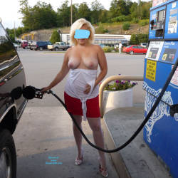 Pic #3 Exposed At Gas Stations And Car Washes - Big Tits, Blonde, Public Exhibitionist, Flashing, Lingerie, Outdoors, Public Place