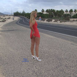 Pic #1 Red Dress - Blonde, High Heels Amateurs, Public Place, Public Exhibitionist, Outdoors