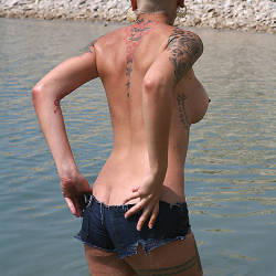 Pic #7 Hippie Hollow See-Thru - Big Tits, Blonde, Outdoors, See Through, Body Piercings, Tattoos, Beach Voyeur