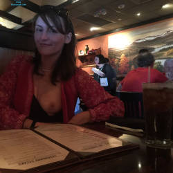 Pic #7 Piper Showing During Dinner - Natural Tits, Brunette, Public Exhibitionist, Flashing, Public Place, Amateur