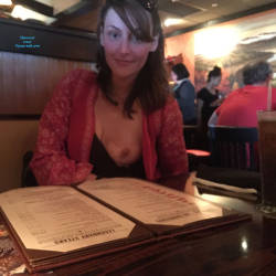 Pic #8 Piper Showing During Dinner - Natural Tits, Brunette, Public Exhibitionist, Flashing, Public Place, Amateur