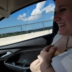 Pic #1 Flashing Tits In The Car On Vacation - Big Tits, Public Exhibitionist, Flashing, Outdoors, Amateur