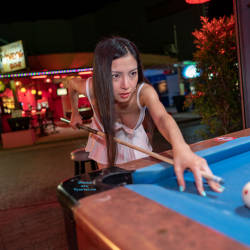 Pic #5 Relaxing And Playing Pool With No Bra Or Panties - Pantieless Girls, Brunette, Public Exhibitionist, Flashing, Outdoors, Public Place, Amateur