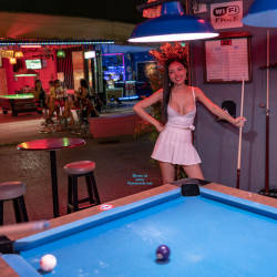 Pic #1 Relaxing And Playing Pool With No Bra Or Panties - Pantieless Girls, Brunette, Public Exhibitionist, Flashing, Outdoors, Public Place, Amateur