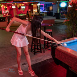 Pic #4 Relaxing And Playing Pool With No Bra Or Panties - Pantieless Girls, Brunette, Public Exhibitionist, Flashing, Outdoors, Public Place, Amateur