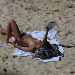 Pic #6 A Young Lady Reading Topless - Topless Girls, Beach, Outdoors, Medium Tits, Beach Voyeur