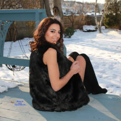 Pic #1 Sierra And Her Fur Coat On The Back Porch - Nude Girls, Brunette, Outdoors, Shaved, Amateur