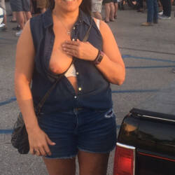 Pic #3 Letting Them Out For The Day - Big Tits, Brunette, Public Exhibitionist, Flashing, Outdoors, Public Place, Amateur