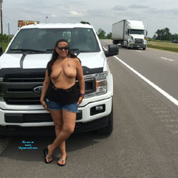 Road Trip - Big Tits, Brunette, Public Exhibitionist, Flashing, Outdoors, Amateur, Tattoos