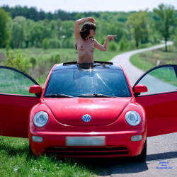 Pic #5 On The Road With The Red Beetle - Nude Girls, Brunette, Public Exhibitionist, Outdoors, Amateur