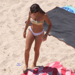 Pic #1 Beauty With A Golden Bra On The Beach - Beach, Brunette, Outdoors, Bikini Voyeur