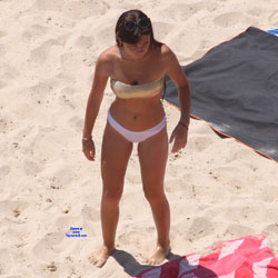 Pic #2 Beauty With A Golden Bra On The Beach - Beach, Brunette, Outdoors, Bikini Voyeur