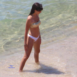 Pic #7 Beauty With A Golden Bra On The Beach - Beach, Brunette, Outdoors, Bikini Voyeur