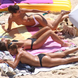 Pic #3 Three wonders On A French Beach - Topless Girls, Beach, Brunette, Outdoors, Bikini Voyeur