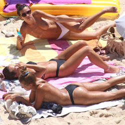 Three wonders On A French Beach - Topless Girls, Beach, Brunette, Outdoors, Bikini Voyeur