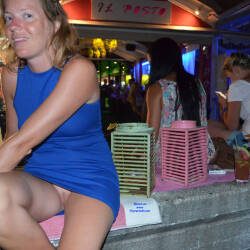 Pic #6 Flashing Pussy At The Bar - Pantieless Girls, Public Exhibitionist, Flashing, Outdoors, Public Place, Shaved, Amateur