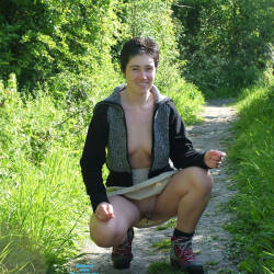 Pic #2 Hiking With A Difference - Brunette, Outdoors, Shaved, Amateur, Medium Tits, Body Piercings, Pantieless Girls