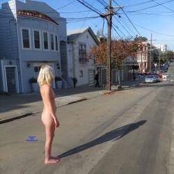 Pic #4 Nude in the Street (Part Two) - Amateur, Ass, Blonde, Hard Nipples, Homemade Amateur, Medium Tits, Natural Tits, Nude Amateurs, Nude Wives, Outdoors, Public Exhibitionist, Public Place, Pussy, Shaved