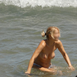 Pic #1 Into the waves - Beach, Beach Pussy, Beach Voyeur, Blonde, Hard Nipples, Medium Tits, Nature, Outdoors, Public Exhibitionist, Public Place, Round Tits, Topless Amateurs, Topless Wives